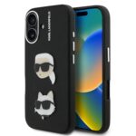 Juodas originalus dėklas Karl Lagerfeld Grained PU KCH Heads Apple iPhone 16 su dviem lipdukais