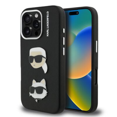 Juodas originalus dėklas Karl Lagerfeld Apple iPhone 16 Pro su rožėmis ir tekstūra