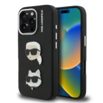 Juodas originalus dėklas Karl Lagerfeld Grained PU KCH Heads Apple iPhone 16 Pro Max su dekoratyviais Karl Lagerfeld ir katės galvos lipdukais