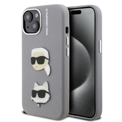 Pilkas originalus deklas Karl Lagerfeld Grained PU KCH Heads skirtas Apple iPhone 15 su iskiliais zenklais