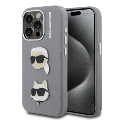 Pilkas originalus dėklas Karl Lagerfeld Grained PU KCH Heads Apple iPhone 15 Pro su lipdukais