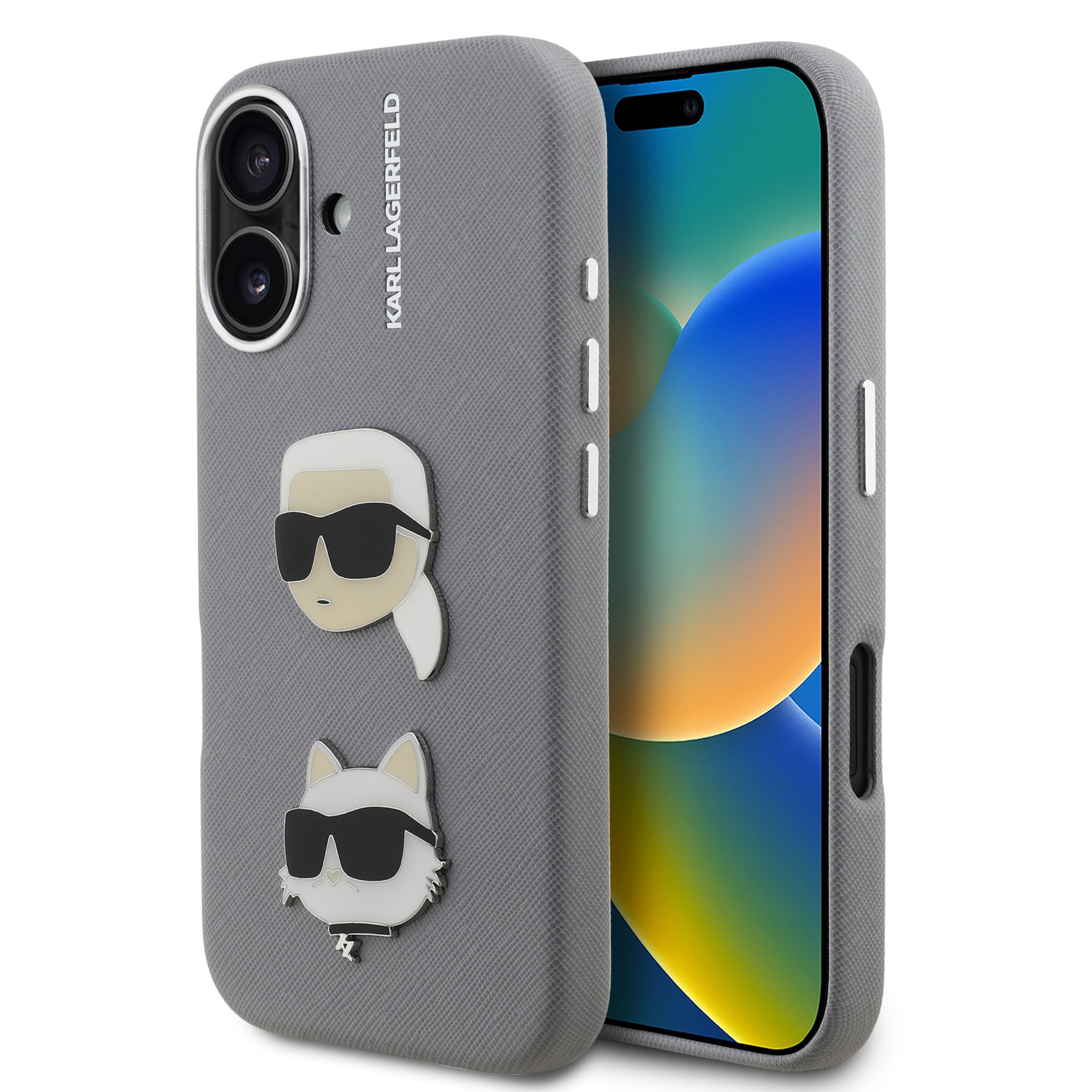 Pilkas originalus dėklas Karl Lagerfeld Grained PU iPhone 16 Pilkas originalus dėklas Karl Lagerfeld Grained PU iPhone 16 su Karl Lagerfeld ir katės galvos lipdukais