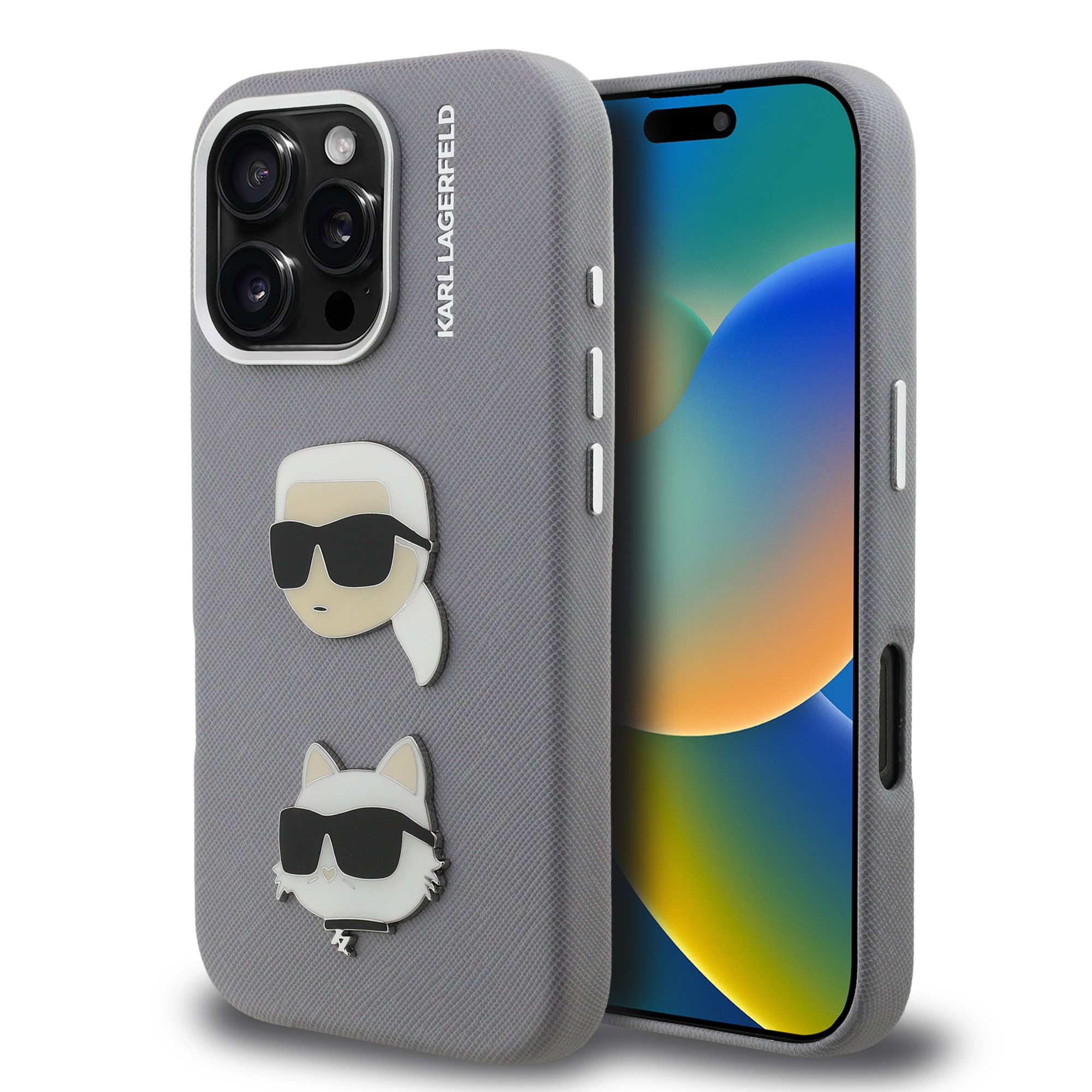 Pilkas dėklas Karl Lagerfeld iPhone 16 Pro Pilkas originalus dėklas Karl Lagerfeld Grained PU KCH Heads Apple iPhone 16 Pro su dviem metaliniais lipdukais