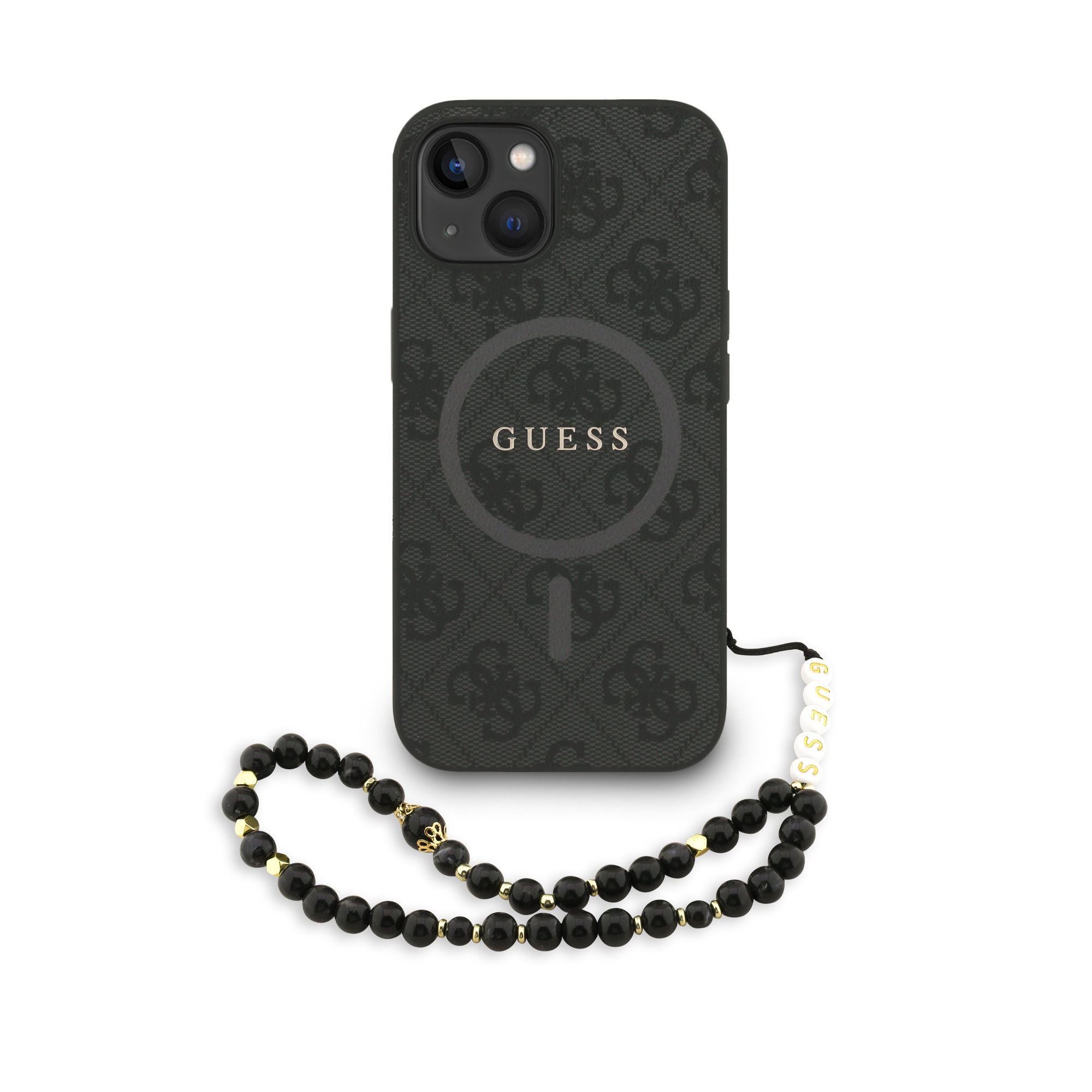 Juodas dėklas Guess PU Leather 4G Colored Ring Strap MagSafe telefonui Apple Iphone 15 Juodas dėklas Guess PU Leather su spalvotu žiedu ir karoliukais Apple iPhone 15 telefonui