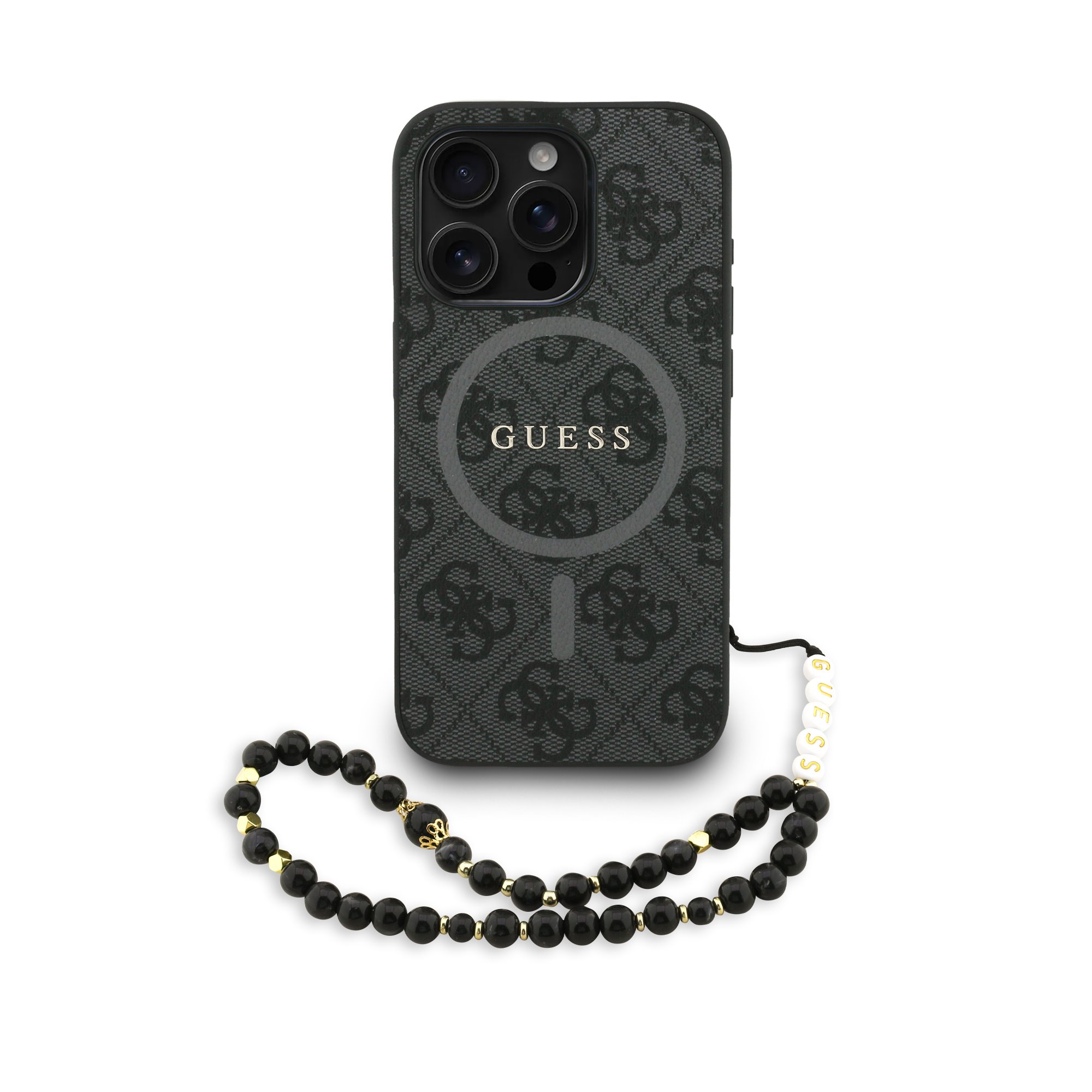 Juodas dėklas Guess PU Leather 4G Colored Ring Strap MagSafe telefonui Apple Iphone 15 Pro Juodas dėklas Guess PU Leather su spalvoto žiedo dirželiu ir karoliukais Apple Iphone 15 Pro telefonui