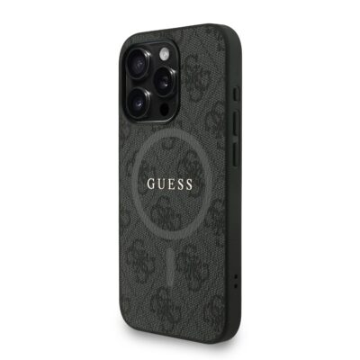 Juodas dėklas Guess PU Leather 4G Colored Ring Strap MagSafe telefonui Apple Iphone 15 Pro su logotipu