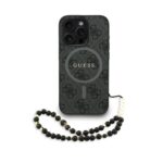 Juodas dėklas Guess PU Leather 4G Colored Ring Strap MagSafe telefonui Apple Iphone 15 Pro Max su ornamentu ir juodomis karoliukų grandinėmis