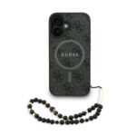 Juodas dėklas Guess PU Leather 4G Colored Ring Strap MagSafe telefonui Apple Iphone 16 su karoliais