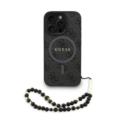 Juodas dėklas Guess PU Leather su spalvotu žiedu ir karoliukų dirželiu Apple Iphone 16 Pro telefonui