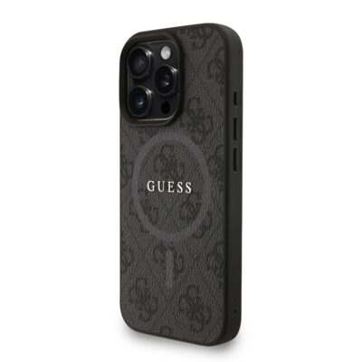 Juodas dėklas Guess PU Leather su spalvotu žiedu ir MagSafe telefonui Apple Iphone 16 Pro
