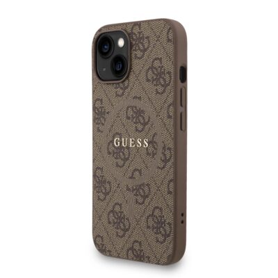 Rudas dėklas Guess PU Leather 4G Colored Ring Strap MagSafe telefonui Apple Iphone 15 su raštu ir logotipu