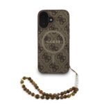 Rudas dėklas Guess PU Leather 4G Colored Ring Strap MagSafe telefonui Apple Iphone 16 su karoliukų dirželiu