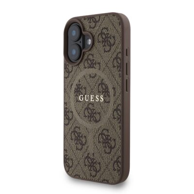 Rudas dėklas Guess PU Leather 4G Colored Ring Strap MagSafe telefonui Apple Iphone 16 su raštuota faktūra