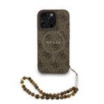 Rudas dėklas Guess PU Leather su spalvotu žiedu ir karoliukais iPhone 16 Pro Max telefonui