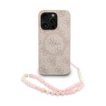 Rausvas dėklas Guess PU Leather 4G Colored Ring Strap MagSafe telefonui Apple Iphone 15 Pro Max su rožinio atspalvio karoliukų dirželiu