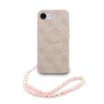 Rausvas dėklas Guess PU Leather 4G Colored Ring Strap MagSafe telefonui Apple Iphone 16e su raudona karoliukų juostele