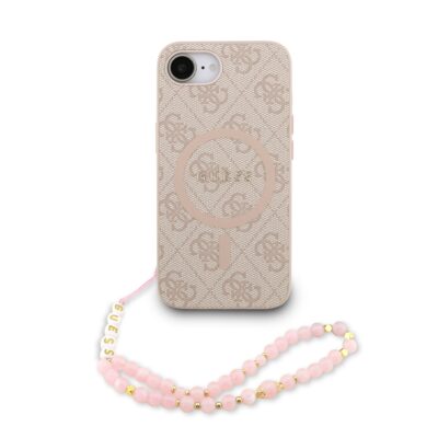 Rausvas dėklas Guess PU Leather 4G Colored Ring Strap MagSafe telefonui Apple Iphone 16e su raudona karoliukų juostele