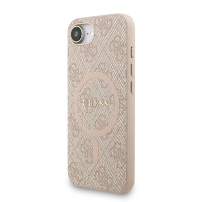 Rausvas dėklas Guess PU leather 4G Colored Ring Strap MagSafe telefonui Apple Iphone 16e su tekstūruota paviršiaus apdaila