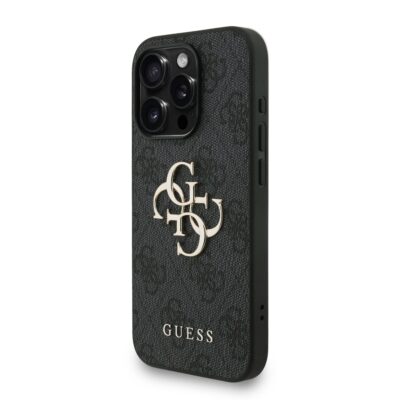 Juodas dėklas telefonui Apple Iphone 15 Pro Guess PU 4G Metal Logo Strap su metaliniu logotipu