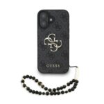 juodas dekla telefonui apple iphone 16 su guess metal logo ir karoliuku dirzeliu