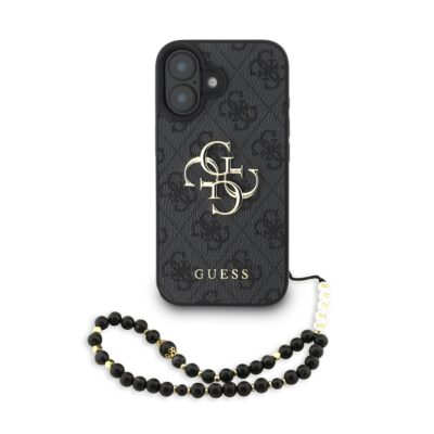 juodas dekla telefonui apple iphone 16 su guess metal logo ir karoliuku dirzeliu
