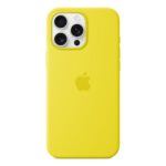 Geltonas originalus dėklas MA7U4ZM/A Silicone Cover Magsafe telefonui Apple iPhone 16 Pro Max su matiniu paviršiumi ir Apple logotipu
