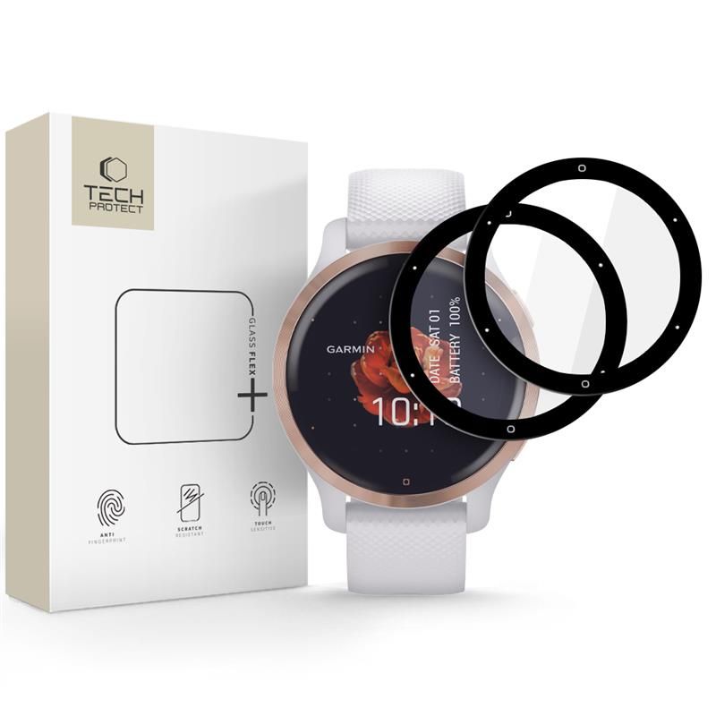 Juodas apsauginis stiklas Garmin Venu 2S TECH-PROTECT GLASS FLEX plus 2-pack Juodas apsauginis stiklas Garmin Venu 2S TECH-PROTECT GLASS FLEX plus komplekte su laikrodziu ir pakuote
