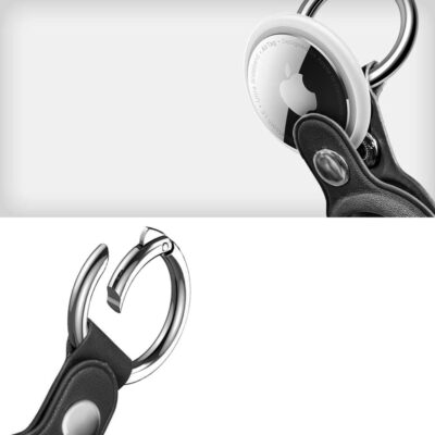 Juodas raktų pakabukas Apple Airtag 1 2 TECH-PROTECT NATURALFIT su metaliniu žiedu ir odiniu laikikliu