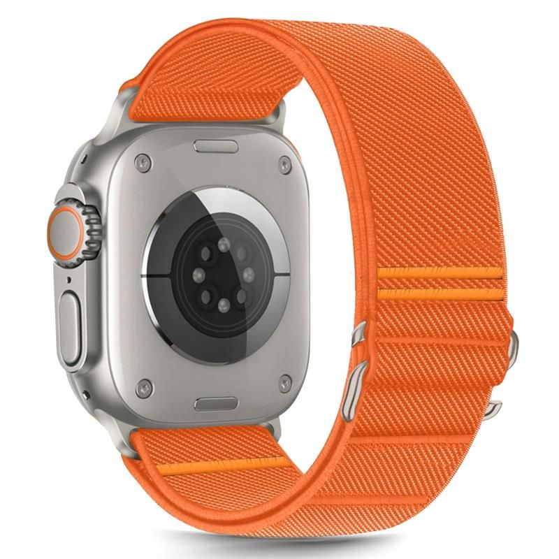 Oranžinė apyrankė Apple Watch Tech-Protect Nylon Slip Oranžinė apyrankė Apple Watch su audiniu ir metalinėmis sagtimis matoma iš nugarėlės pusės
