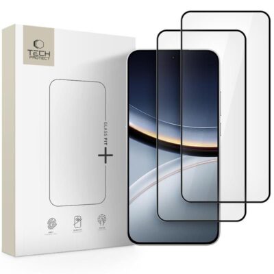 Juodas apsauginis ekrano stikliukas Xiaomi Poco F7 5G TECH-PROTECT GLASS FIT 2-pack prie telefono ekrano