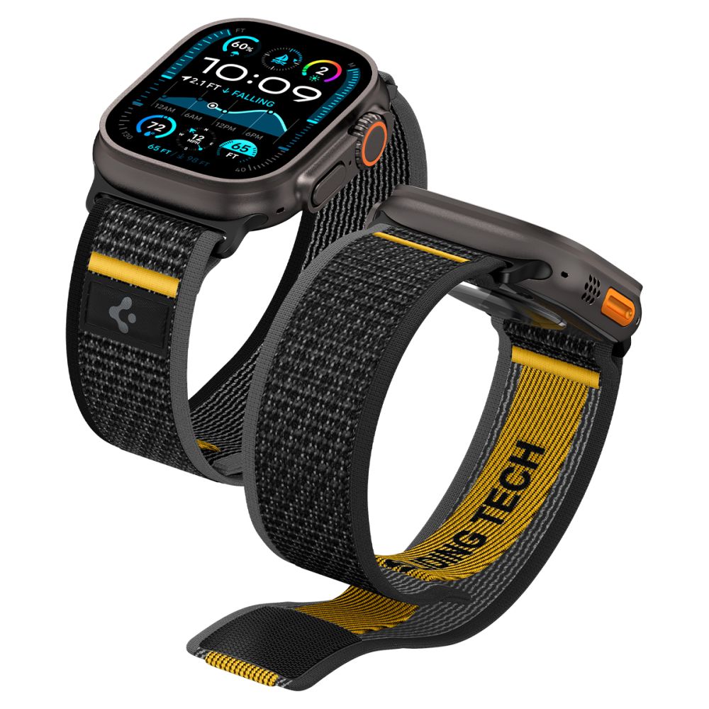 Juoda apyrankė Apple Watch 44/45/46/49mm Spigen Athlex Air Juoda apyrankė Apple Watch su geltonomis detalėmis ir patvariu audiniu
