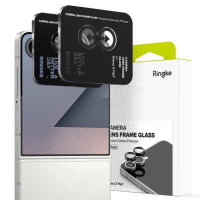 Juodas apsauginis kameros stikliukas Samsung Galaxy Z Flip 7 Ringke Camera Frame Protector 2-Pack prie telefono ir pakuotės