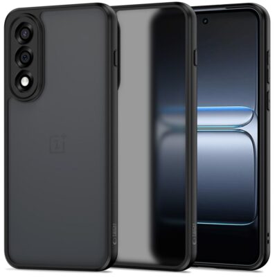 Juodas matinis dėklas OnePlus Nord 5 su matinio paviršiaus tekstūra ir apsauga kamerai