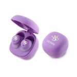 Violetinės belaidės ausinės Guess 4G Logo Mini TWS su įkrovimo dėklu