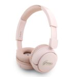 Rausvos belaidės ausinės Guess Script Metal Logo Wireless Headphone su minkštais ausų pagalvėlėmis ir metaliniu logotipu