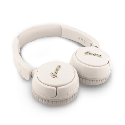 Beige belaidės ausinės Guess Script Metal Logo Wireless Headphone su metaliniu logotipu