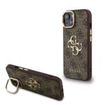 Rudas dėklas telefonui Apple iPhone 14 Guess PU su metaliniu logotipo stoveliu ir fotoaparato rėmeliu