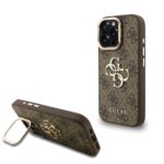 Rudas dėklas telefonui Apple iPhone 16 Pro Max su metaliniu Guess logotipu ir stovu kameros rėmeliui