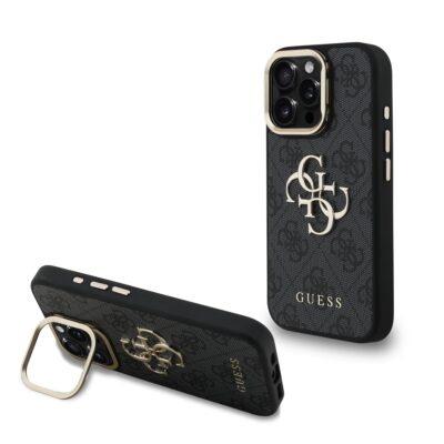 Juodas dėklas telefonui Apple iPhone 16 Pro Guess PU 4G Metal Logo Stand Camera Frame