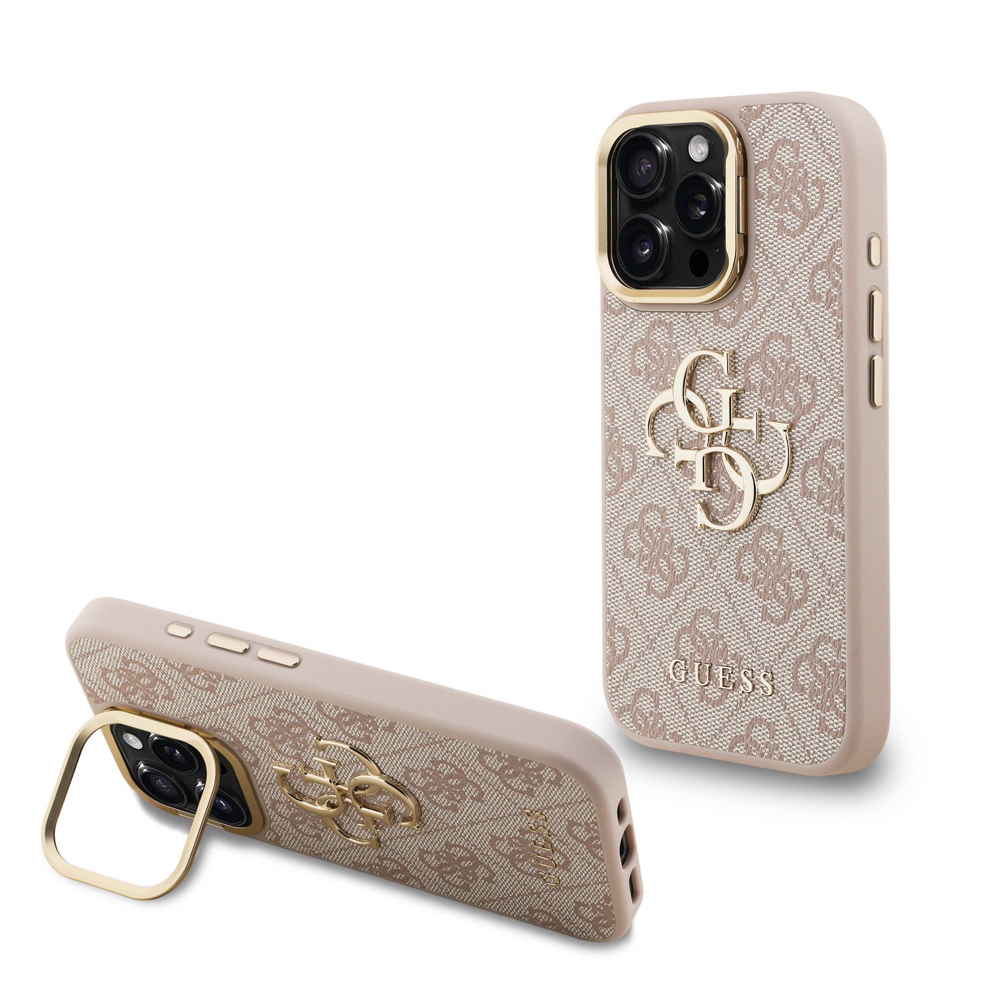Rausvas dėklas telefonui Apple iPhone 16 Pro Max Guess PU 4G metal logo stovėtojas Rausvas dėklas telefonui Apple iPhone 16 Pro Max Guess PU 4G metal logo stovėtojas fotoaparato rėmelis