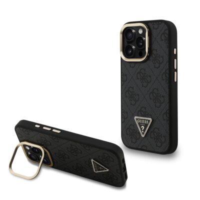 Juodas dėklas Guess PU 4G Strass Triangle Logo Stand Camera Frame MagSafe telefonui Apple Iphone 15 Pro Max su laikikliu
