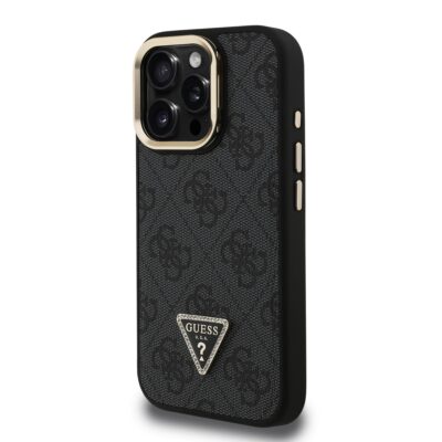 Juodas dėklas Guess PU 4G Strass Triangle Logo Stand Camera Frame MagSafe Apple Iphone 15 Pro Max telefonui