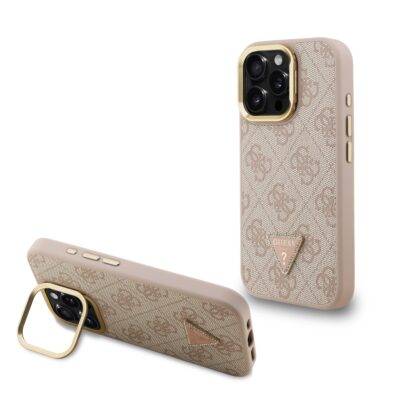Rausvas dėklas Guess PU 4G Strass Triangle Logo Stand Camera Frame MagSafe iPhone 15 Pro telefonui