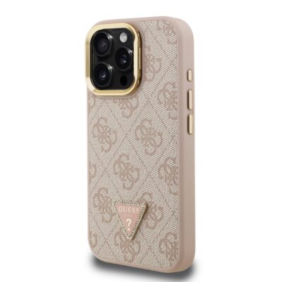 Rausvas dėklas Guess PU 4G Strass Triangle Logo Stand Camera Frame MagSafe telefonui Apple Iphone 16 Pro Max