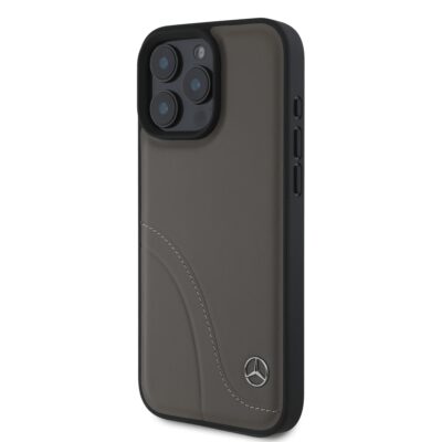 Juodas dėklas telefonui Apple Iphone 16 Pro su Mercedes logotipu ir odiniu paviršiumi