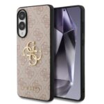 Rausvas originalus dėklas Guess PU 4G Metal Logo telefonui Samsung Galaxy S25 Edge su raštu ir auksiniu logotipu