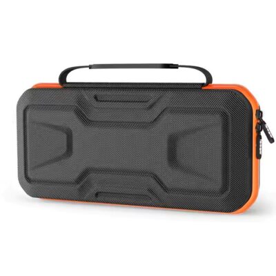 Juodas dėklas iPega SW2004A Hard Travel skirtas Nintendo Switch 2 su oranžinėmis detalėmis