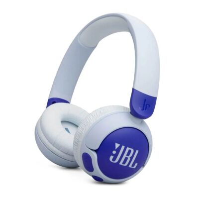 Mėlynos belaidės ausinės JBL JR320BT su minkštais baltos spalvos pagalvėlėmis