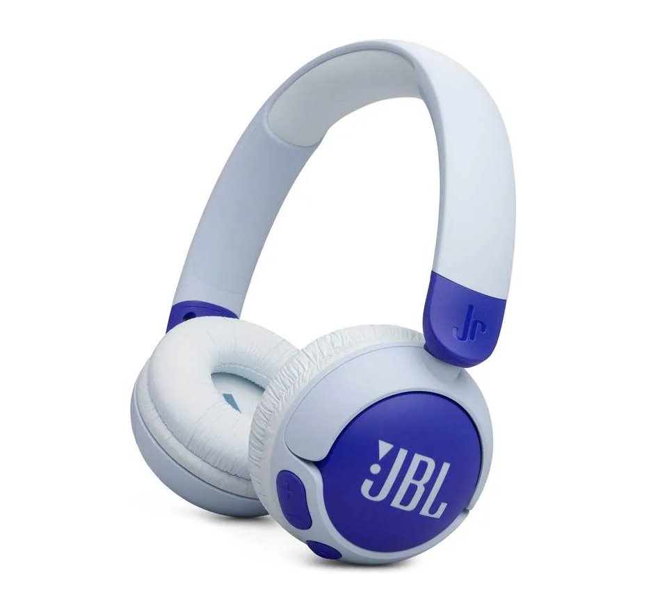 Mėlynos belaidės ausinės JBL JR320BT Mėlynos belaidės ausinės JBL JR320BT su minkštais baltos spalvos pagalvėlėmis
