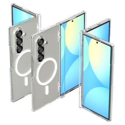 Skaidrus-baltas dėklas Samsung Galaxy Z Fold 7 su MagSafe ratu ir trimis kameromis